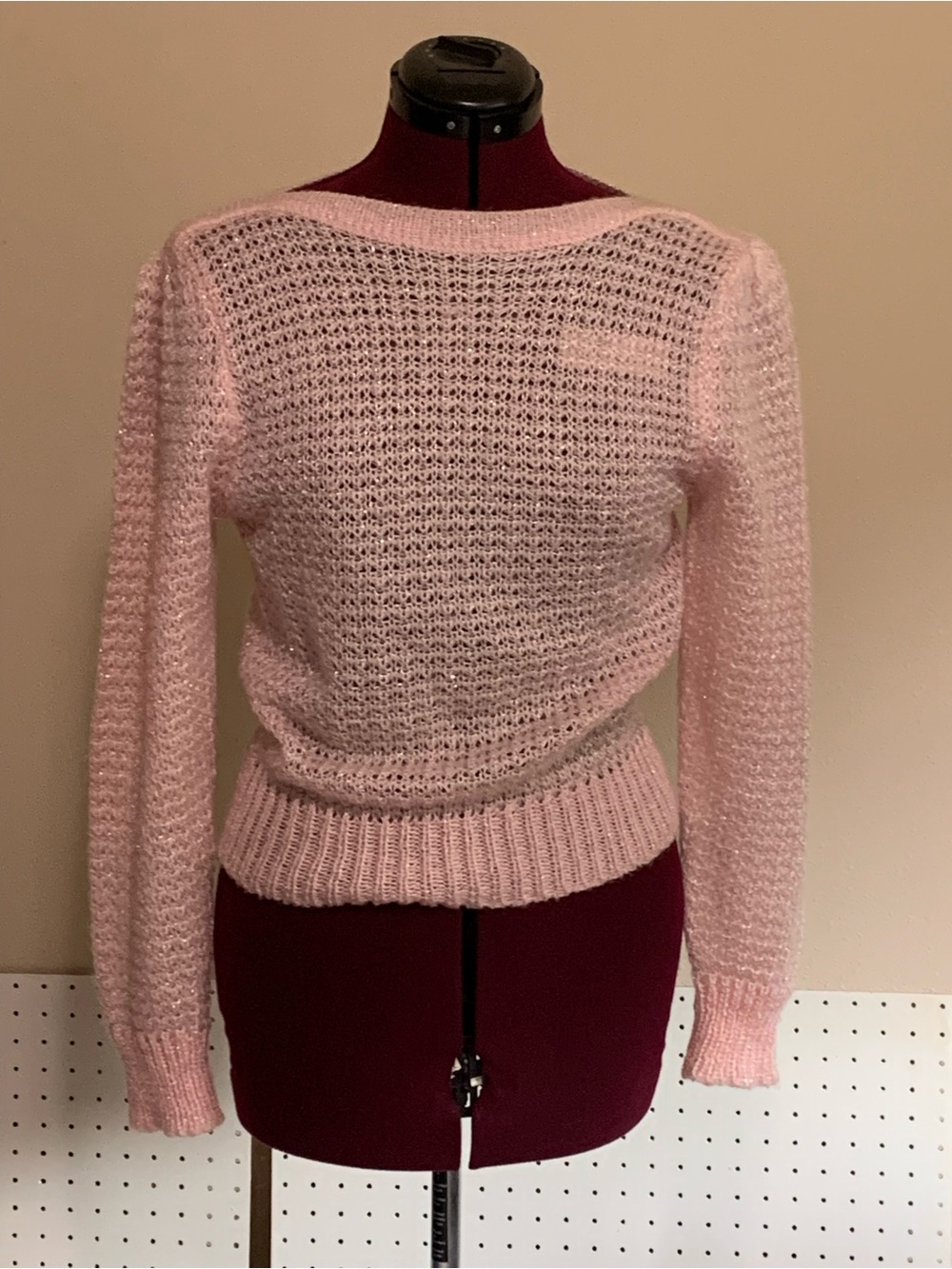 Light Pink Open-Knit Crewneck Sweater